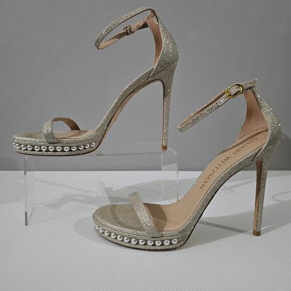 Stuart Weitzman Nudistdisco Pearl Heel 10.5 Metallic Stiletto Platform Evening - Picture 2 of 14